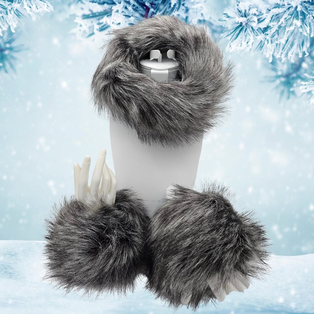 Women’s Faux Fur Hat Band & Wrist Warmers Set – Gray Winter Accessories – OS - Picture 3 of 7
